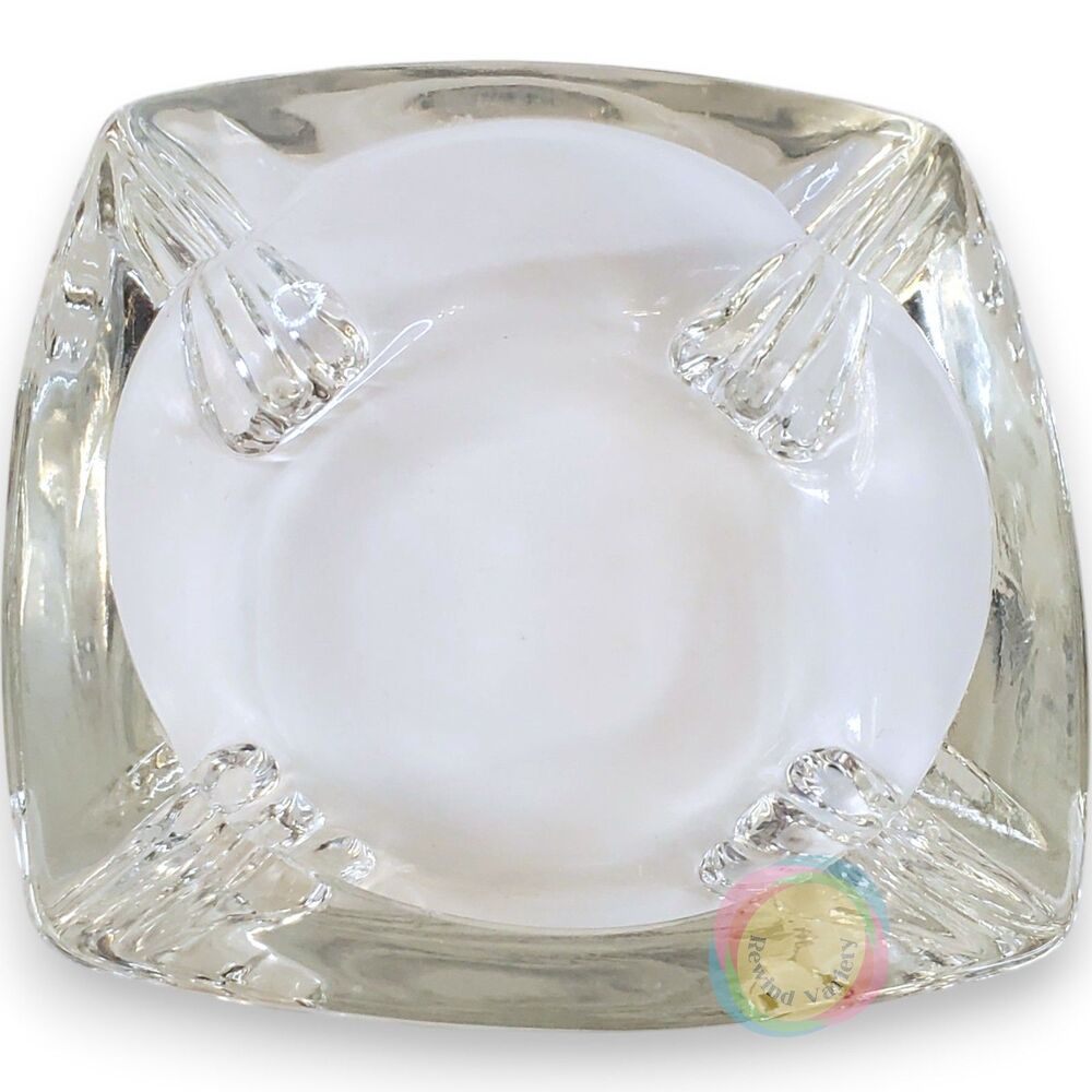 Vintage MCM Ribbed Square Glass Ashtray Footed